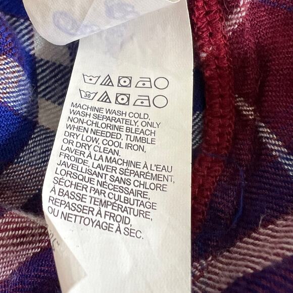 Lucky Brand Womens Flannel Shirt 1X Burgundy Blue Plaid Button Back Peplum Hem - Picture 7 of 7